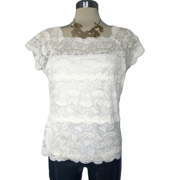 White Clear Beige Lace Short Sleeve Top.  Size M. - Picture 8 of 11